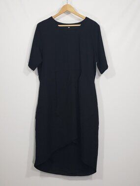 Mordenmiss  Black Linen Blend Hi-Low Dress  Lagenlook Minimalist  Size Large
